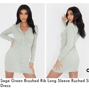 Sage Green Brushed Rib Long Sleeve Ruched Shirt Dress from Pretty Little Thing